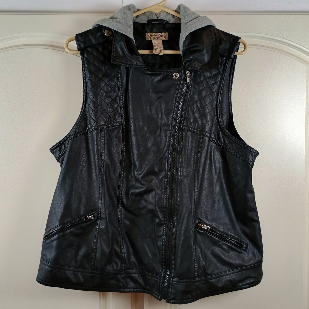 VTG Paris Blues Y2K Faux Leather Moto Vest Hooded Quilted Black Biker Plus 1X